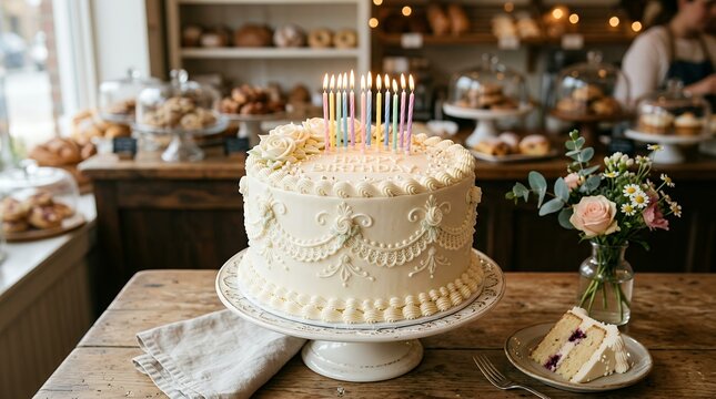 Elegant White Birthday Cake with Lit Candles on a Wooden Table in a Bakery.