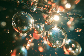Fototapeta premium Macro underwater photography of translucent colorful bubbles floating in light