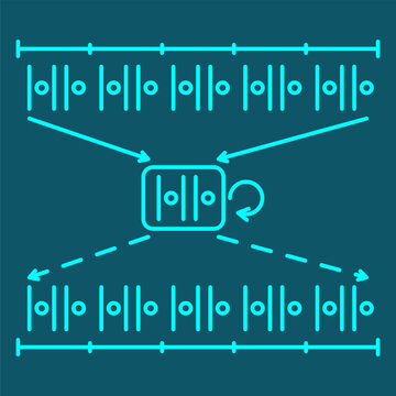 Kolmogorov complexity line art vector: a long patterned binary string compresses into a short repeat rule, which regenerates an identical string, illustrating lossless compression
