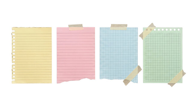 Set of four different colorful vintage paper notes with lined and grid patterns, attached with adhesive tape, isolated on transparent background