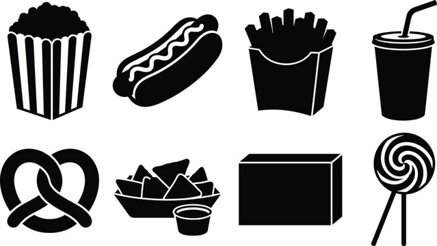 Vector silhouette collection of cinema concession snacks fast food hot dog french fries popcorn soda and pretzel icons