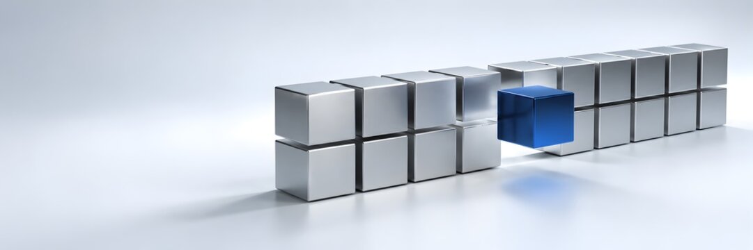 Distinctive blue metallic cube standing out from a linear row of identical silver blocks representing corporate leadership unique identity and competitive advantage