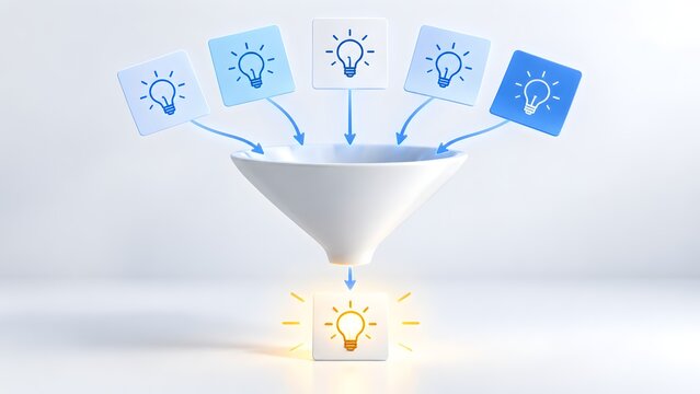 Conceptual 3D business funnel filtering multiple blue lightbulb icons into a single glowing yellow idea representing successful brainstorming and innovation strategy