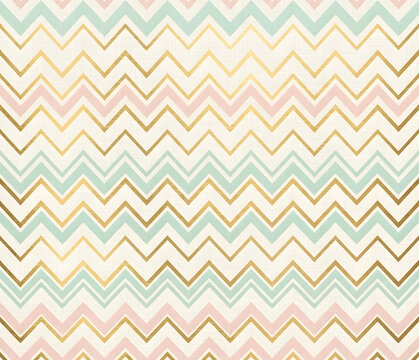 Elegant pastel chevron seamless pattern with zigzag lines in gold, mint green, and pink tones on a light background