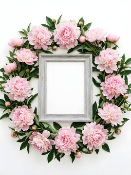 Rustic Wooden Picture Frame Surrounded by Beautiful Pink Peony Wreath