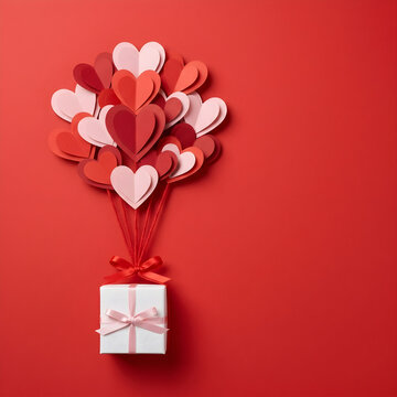 Gift Box Floating with Paper Hearts Bunch on a Vibrant Red Background