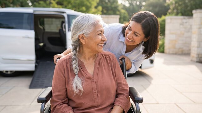 Smiling caregiver hugs an elderly senior woman in a wheelchair outdoors near an open vehicle with ramp, suggesting accessible transport and supportive assistance