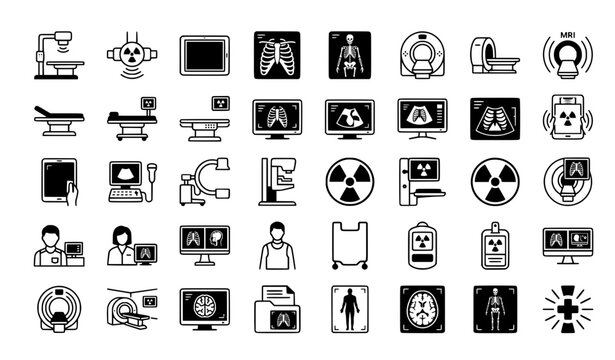 Medical radiology and diagnostic imaging icon set featuring x-ray, MRI scanner, CT scan, ultrasound, mammography, radiation warning, hospital bed, lead apron and monitor, black and white vector symbol