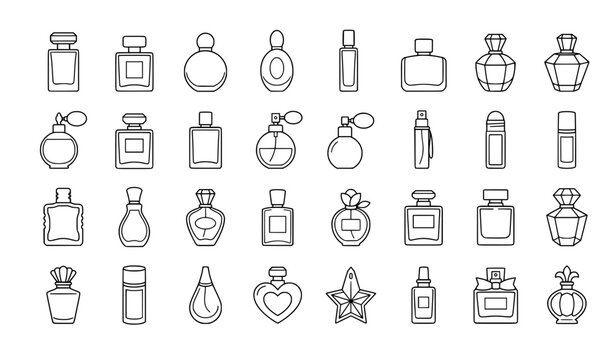 Perfume bottles line icon set featuring spray atomizer, heart shaped flacon, star bottle, round vial, square cologne and elegant fragrance containers, black outline vector symbols on white background