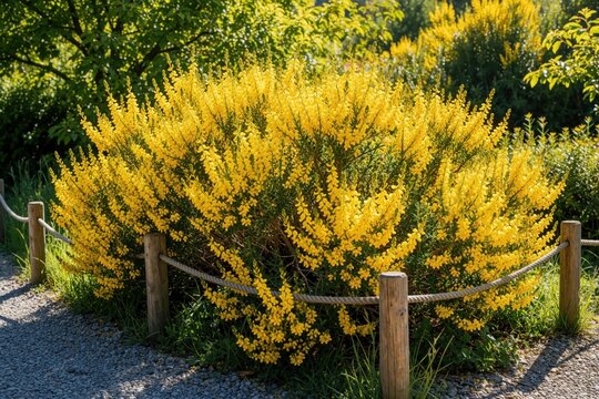 Large Genista Lydia bush with bright yellow flowers grows in sunny garden. Blooming broom plant features many tiny blossoms on green stems. Decorative shrub sits behind small wooden rope fence on