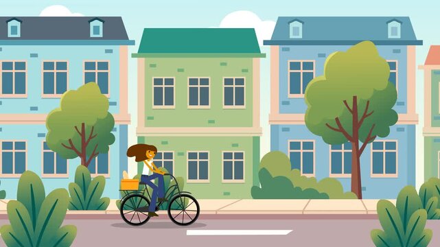 Flat vector city street loop with girl riding bike, moving traffic, town background. Urban city life cartoon animation loop: girl cycling with groceries in basket past colorful European houses