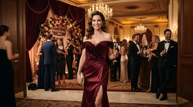 Elegant Woman Walking in Grand Ballroom Event.
