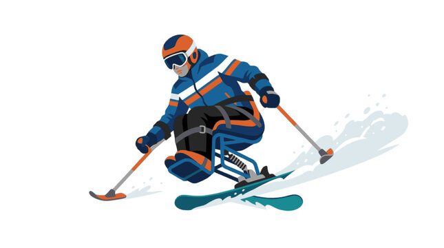 Disabled athlete sit skiing downhill illustration isolated on white background.