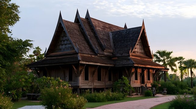 Traditional wooden Thai house with steeply pitched roof and ornate gables  surrounded by lush tropical vegetation under soft evening light
