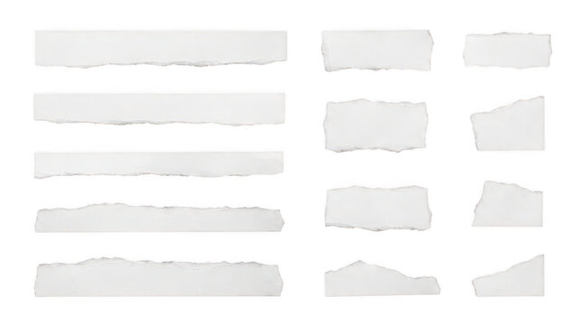Set of various white torn paper strips isolated on transparent background