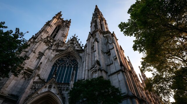 Gothic cathedral with tall spires and intricate stonework  framed by lush green trees under a clear blue sky