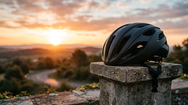A sleek black bicycle helmet on a stone pillar showcasing a wider panoramic view of a curvy mountain road during sunset