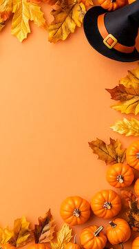 Commercial flat lay vertical social media background featuring a black witch hat mini pumpkins and autumn leaves