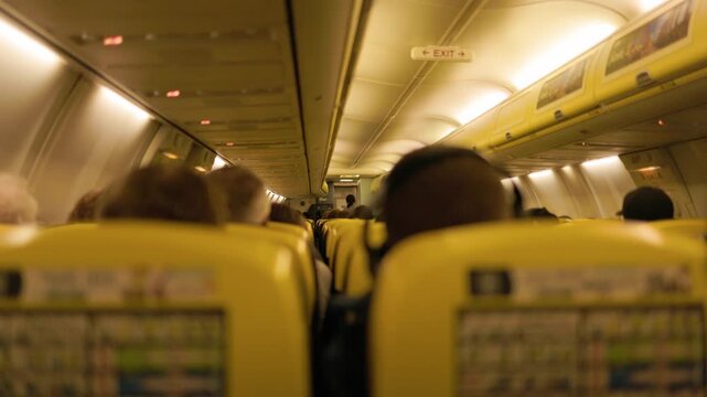 People seated in rows inside an airplane cabin during a commercial flight showing passengers traveling together with typical seats and interior details of modern air transportation