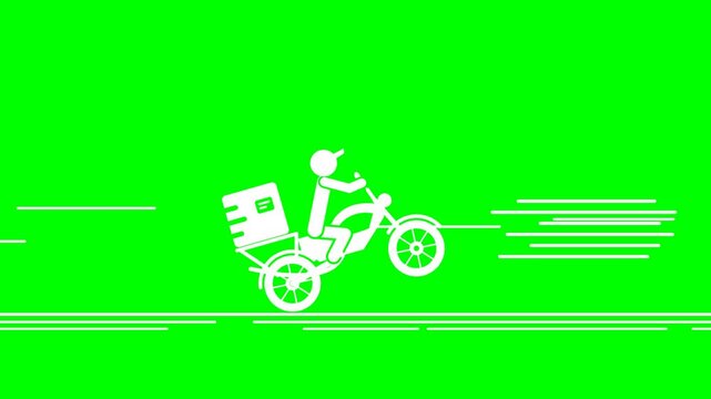 Flat 2D vector animation of a delivery courier riding a motorcycle in a controlled wheelie while carrying a cardboard shipping package. The centered courier remains isolated on a clean green screen wi