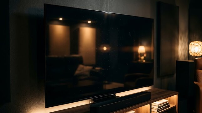 Television reflecting warm ambient lights in a cozy dark home cinema interior room