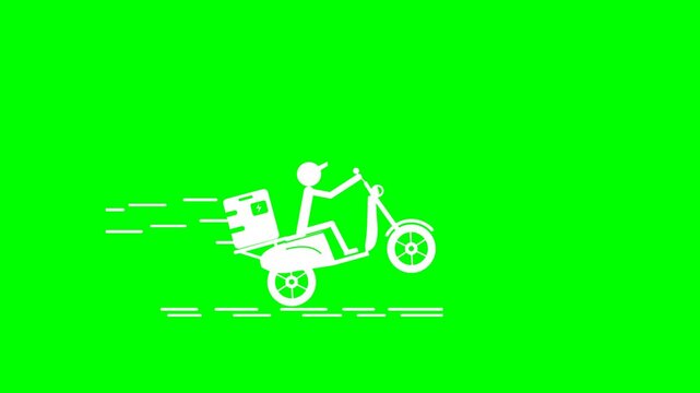 Flat 2D vector animation of an urban delivery courier riding an electric step-through delivery scooter carrying an insulated thermal cube delivery box. The centered delivery scooter performs a fast de