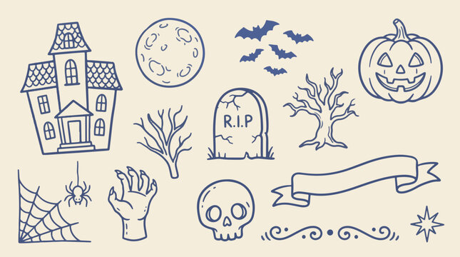 Halloween haunted house and graveyard scene accents vector set