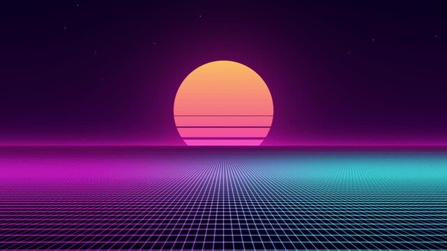 Futuristic synthwave neon grid retrowave wireframe&nbsp;landscape horizon glowing retro sun seamless loop animation