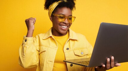 Fototapeta premium Happy young Black woman celebrates success looking at laptop screen. Excited girl wearing yellow glasses, denim jacket cheers in front of bright yellow background. Joyful female student wins online