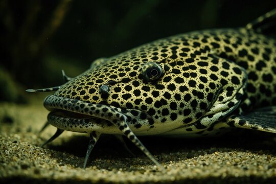 Close up of muzzle flathead catfish resting on sand in aquarium. Spotted predatory fish lies on bottom of fresh water tank. Large aquatic animal with long barbels swims near river bed in dark