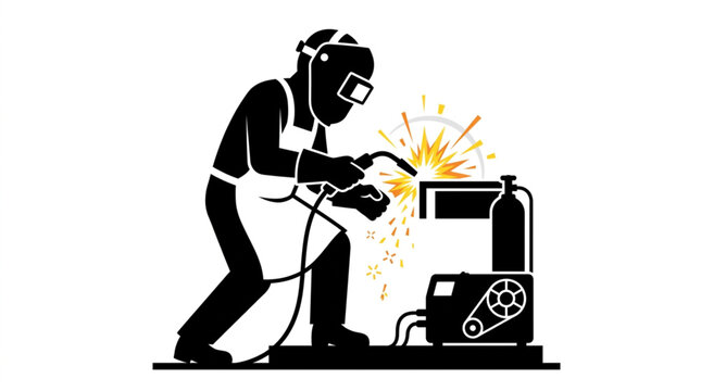 Industrial welder technician working with welding torch tool and sparks vector silhouette