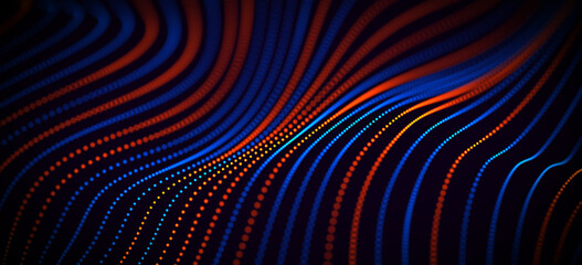 Fototapeta premium Abstract flowing blue orange dotted wave lines on a dark background, dynamic technology network design for modern digital concepts and presentations. 3D Rendering