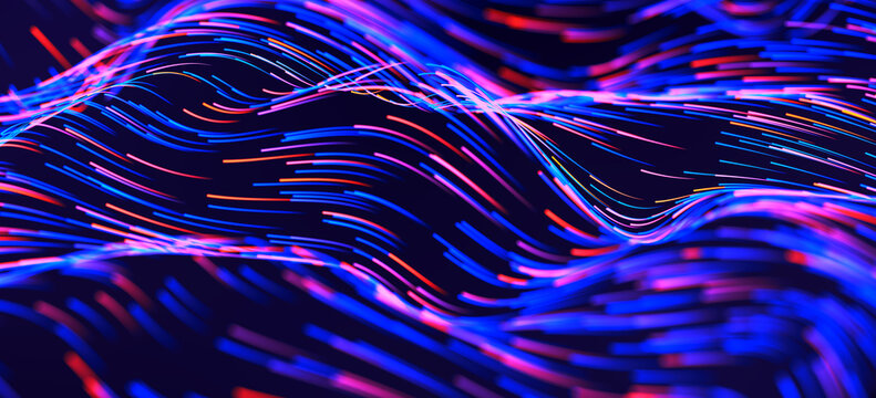 Abstract Neon Wave Lines in Blue, Pink, and Purple Motion Flow for Futuristic Digital Technology Background Design and Creative Energy. 3D Rendering