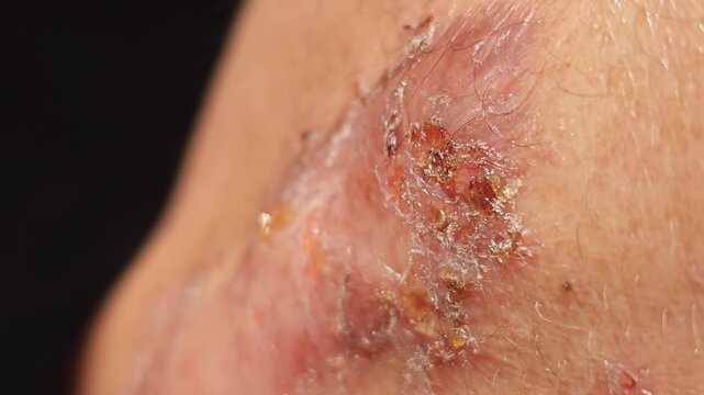 Close-up macro view of a healing skin wound with scabs and dried yellow fluid on a human body part, showing the process of tissue repair and inflammation