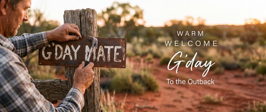 Australian outback man hammering rusted G'day Mate sign on wooden post at sunset, warm welcome greeting and hospitality concept in rural Australia landscape background with red dirt bushland.