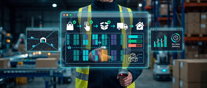 Logistics and supply chain administration, warehouse employee managing fulfillment and product delivery.