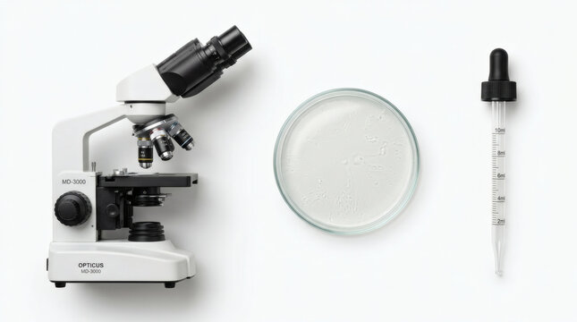 Advanced scientific medical research laboratory equipment knolling collage with modern white microscope glass Petri dish and pipette isolated on white background