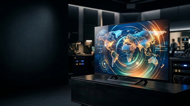Modern television broadcasting studio featuring a digital world map display