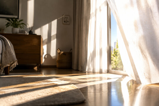 Sunlit interior with sharp shadows from an opened curtain.