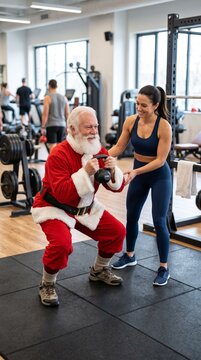 Older man dressed as Santa lifting weights in a gym with trainer  