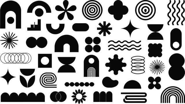 Set of abstract black geometric shapes in retro Bauhaus style, arches, stars, flowers, and waves, vector design elements