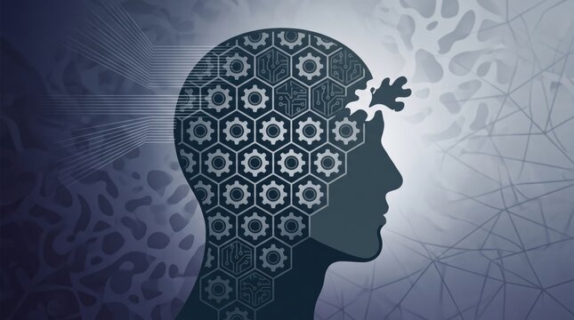 Human head silhouette filled with interlocking gears and circuit patterns receiving external signals. Information control and mind manipulation concept illustrating dangerous cult indoctrination.