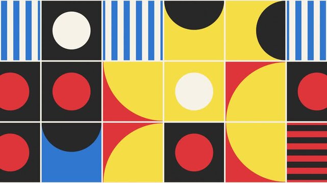 Bauhaus geometric tiles seamless loop modernist shapes red yellow blue black circles half moons and stripes rotate in a grid for design intros art installations VJ sets and brand backgrounds