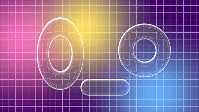 Glass shapes prism seamless loop frosted torus rings capsule purple grid gradient refraction translucent forms float over pink yellow and blue light for tech intros app promos and VJ sets