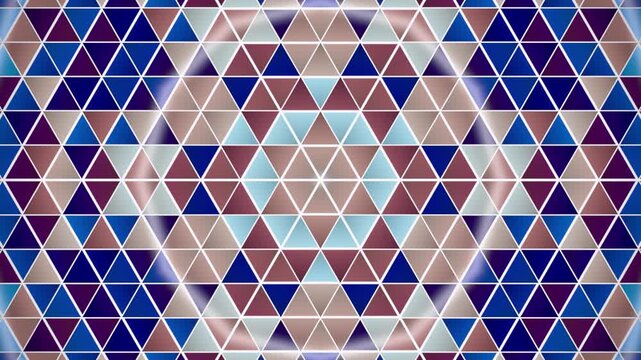 Crystal triangle mosaic seamless loop kaleidoscope geometric shards blue pink white faceted glass pattern pulses with a glowing ring for VJ sets winter themes and jewelry backgrounds