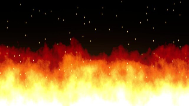 Fire wall seamless loop burning flames orange yellow blaze sparks black sky intense heat rolls along the bottom with floating embers for intros title backgrounds VJ sets and action visuals