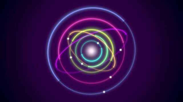 Neon gyroscope rings seamless loop rotating orbits glowing atom spheres colorful pink cyan yellow circles spin around a bright core for science intros VJ sets club screens and tech visuals