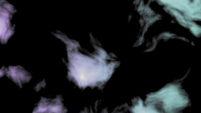 Ink smoke seamless loop flowing pastel lavender teal clouds black background soft wisps billow and drift through darkness for title backgrounds transitions ambient visuals and VJ sets