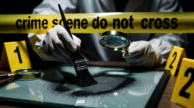 Forensic expert uses brush, black powder to find fingerprint on glass surface. Detective wears white gloves, uses magnifying glass for evidence search. Yellow crime scene tape, numbered markers mark