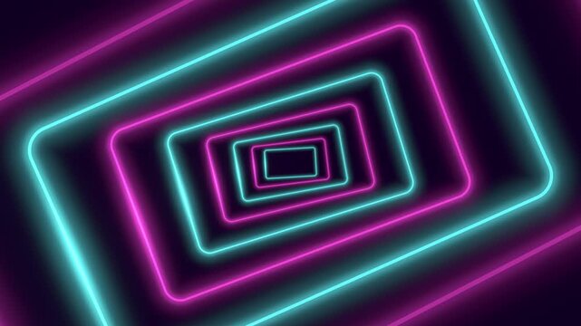 Neon rectangle tunnel seamless loop pink cyan glowing frames endless flight synthwave nested outlines zoom toward the center for VJ sets club screens music clips and title backgrounds